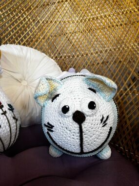 Handmade Crochet White Cat Plush with Pastel Accents